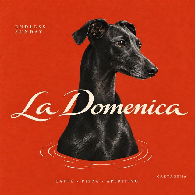 Poster: a black greyhound standing in red water. Text: "Endless Sunday. La Domenica. Caffè · Pizza · Aperitivo. Cartagena."