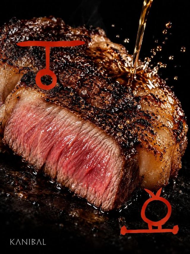 A grilled steak sliced to show a rare centre, with the Kanibal wordmark and symbols.
