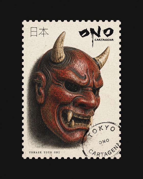Postage-stamp poster: a red Oni mask with horns and a Tokyo · ONO · Cartagena postmark. Text: "Nihon" in Japanese, "ONO Cartagena", "Unmask your Oni."