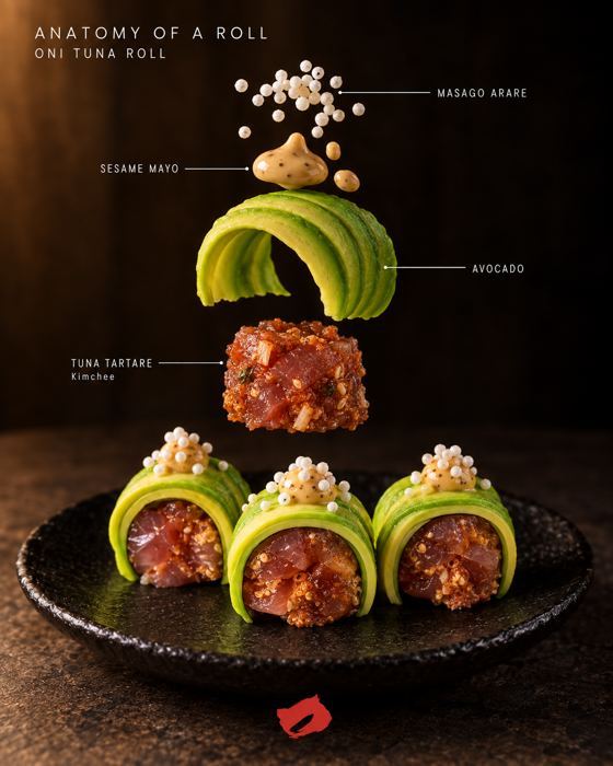 Poster: "Anatomy of a roll. Oni tuna roll." An exploded roll labelled masago arare, sesame mayo, avocado, and tuna tartare with kimchee, above three avocado-wrapped tuna rolls on a black plate.