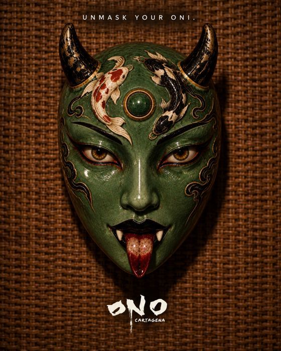 Poster: a green Oni mask with gold horns and two koi on the forehead, tongue out. Text: "Unmask your Oni." ONO Cartagena logo.