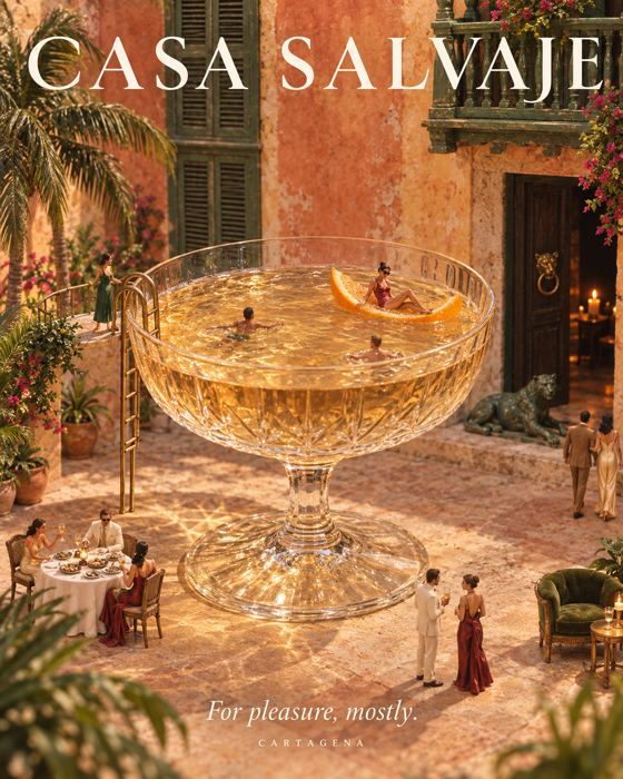 Poster: tiny guests swimming and dining around a giant coupe glass in a colonial courtyard. Text: "Casa Salvaje. For pleasure, mostly. Cartagena."