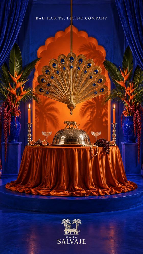 Poster: a golden peacock over a draped table under an orange arch, between blue velvet curtains. Text: "Bad habits, divine company." Casa Salvaje logo.