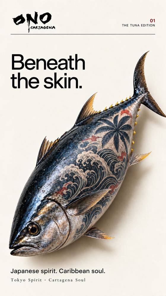 Poster: a bluefin tuna tattooed with waves and palm trees. Text: "ONO Cartagena. 01, The Tuna Edition. Beneath the skin. Japanese spirit. Caribbean soul. Tokyo Spirit · Cartagena Soul."