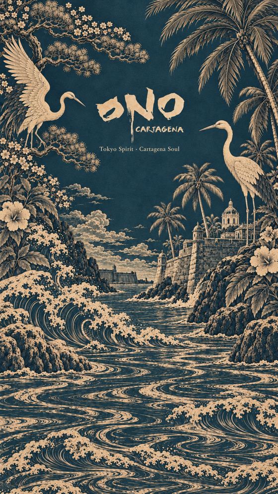 Poster: a Japanese-style engraving of waves, cranes and palm trees before Cartagena's walled city. Text: "ONO Cartagena. Tokyo Spirit · Cartagena Soul."